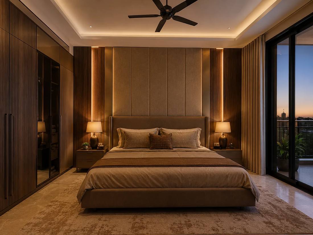 Scandinavian bedroom with light wood furniture, grey wool blankets, neutral rug, and natural sunlight.