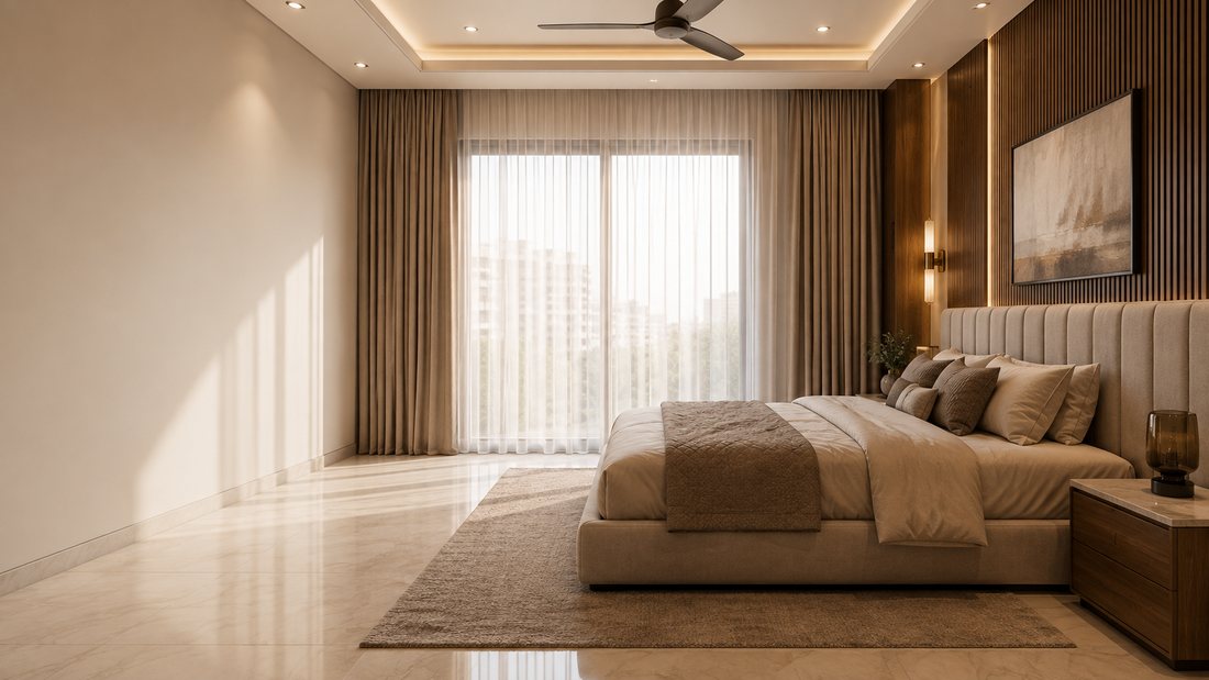 Coastal bedroom with white slipcovered bed, blue accents, woven rattan light, and sheer curtains.