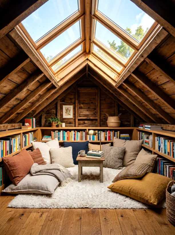 Attic space, skylight, layered floor cushions, woven rug, amber string lights, muted earth tones.