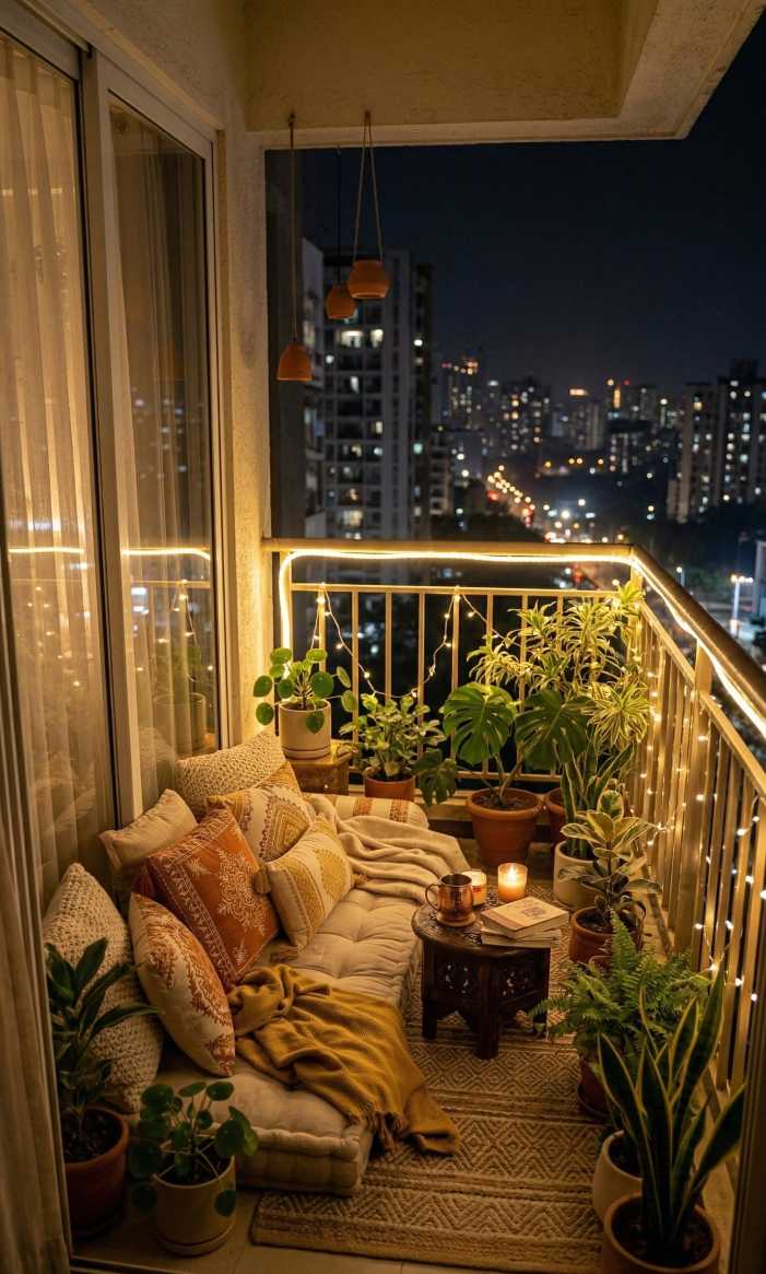Cozy balcony floor lounge featuring plush floor cushions, twinkling string lights, and potted greenery.