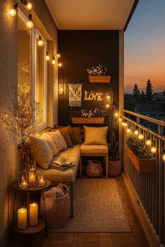 Cozy balcony nook with a corner wooden bench, woven throw, and warm string lighting.