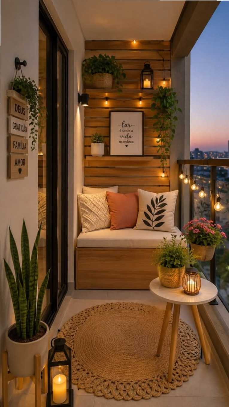 Balcony reading nook with reclaimed wood paneling, built‑in lighting, and plush armchairs.