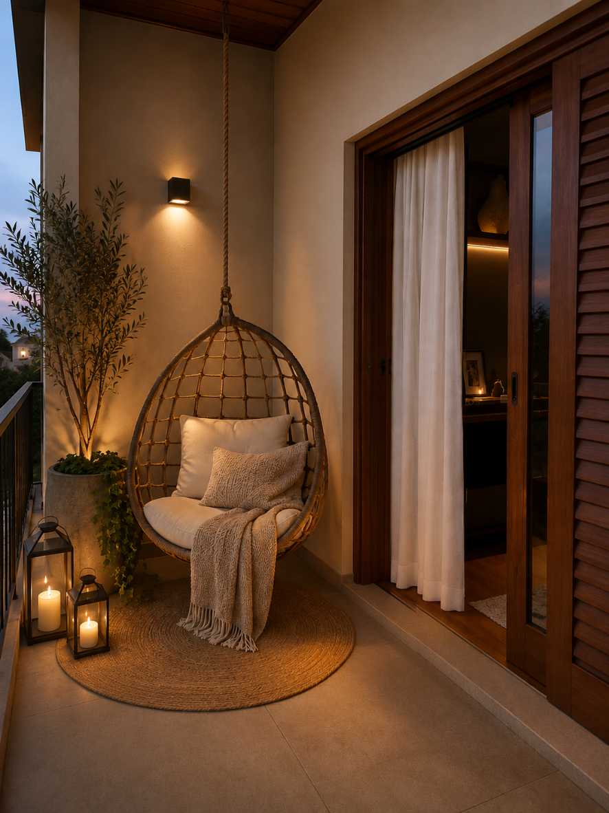 Balcony featuring a hanging woven egg chair, brass lanterns, and layered textiles.