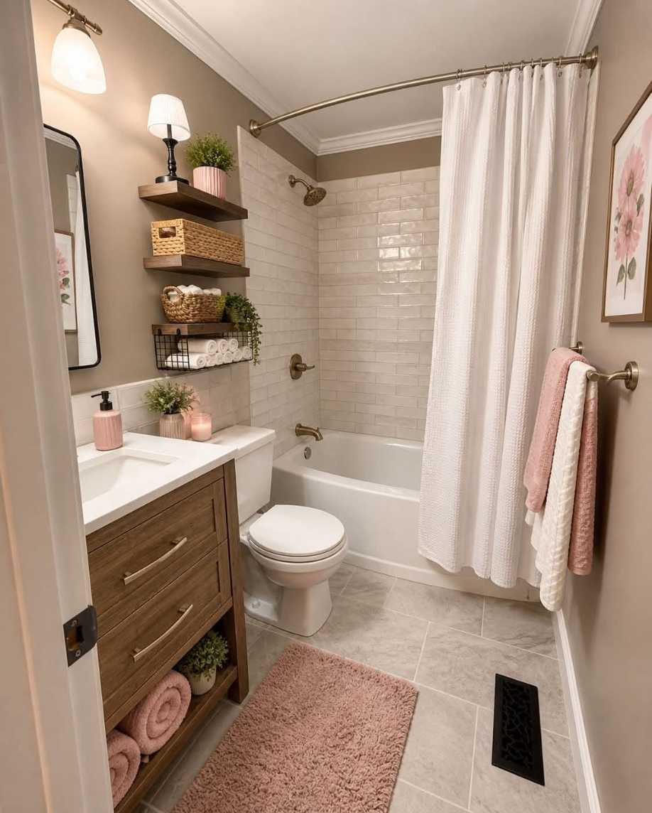 Bathroom with natural wood vanity, blush pink shag rug, ivory walls, and brushed nickel lighting.