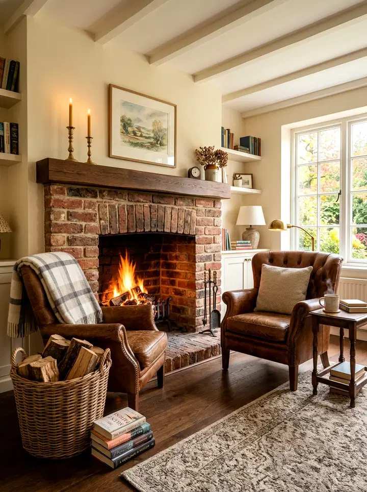 Exposed brick fireplace, twin leather armchairs, deep plum throw, low iron side table, warm glow.
