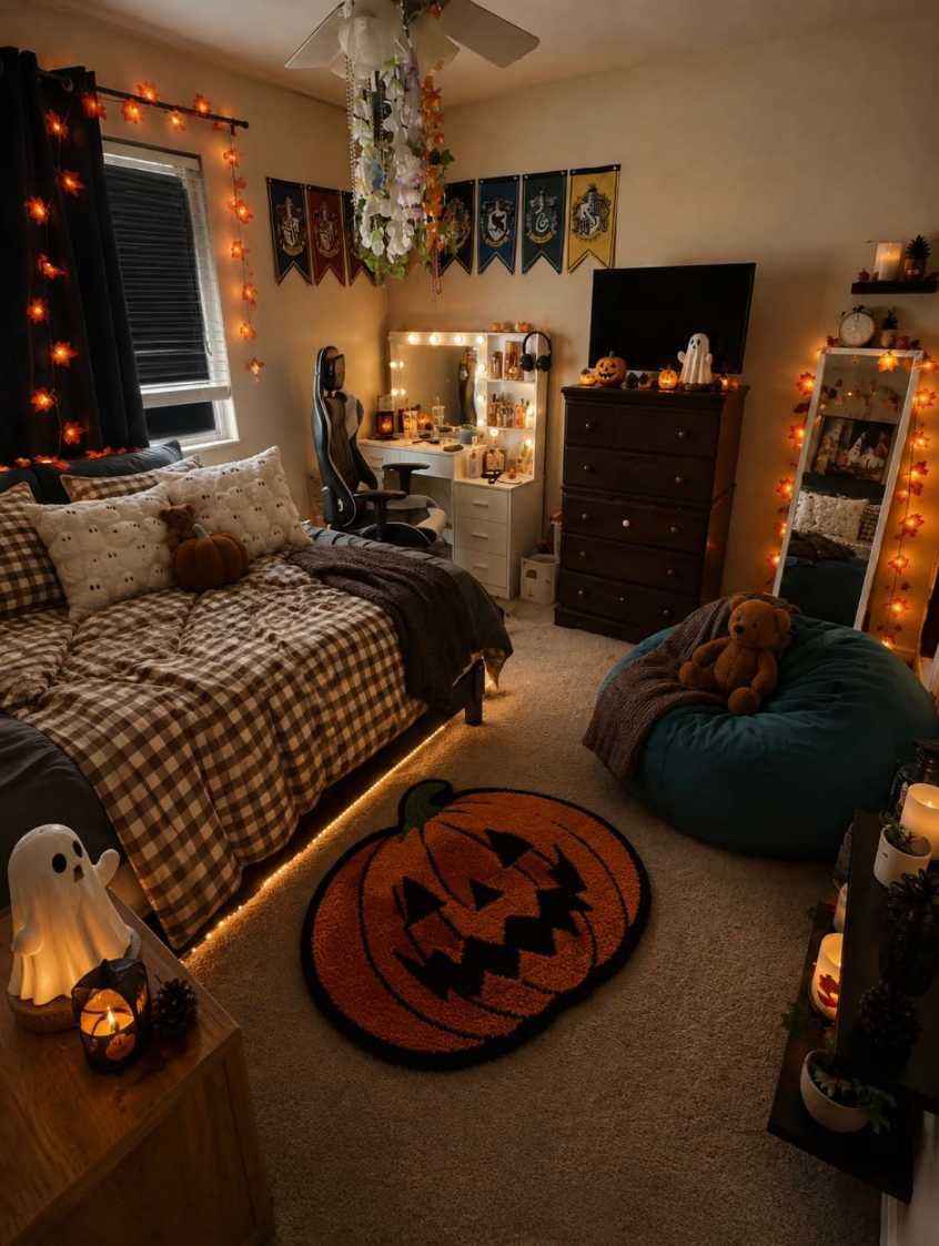 Cozy bedroom with brown gingham bed, jack o lantern rug, and vanity decor.
