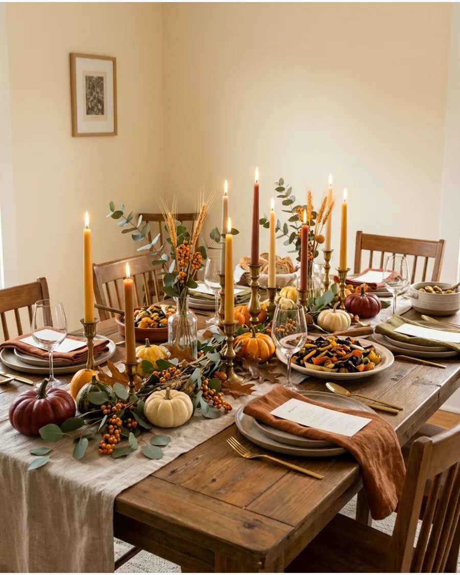 Cozy candlelit intimate tablescape with flickering flames and soft shadows