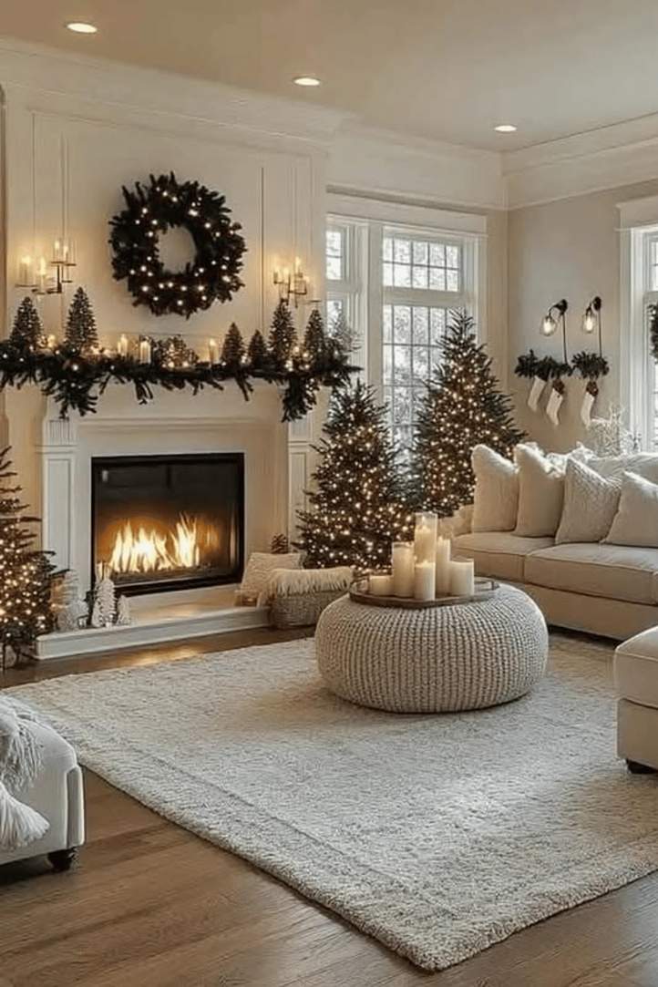 Sofa covered in multiple cozy throws and pillows in various textures and patterns.