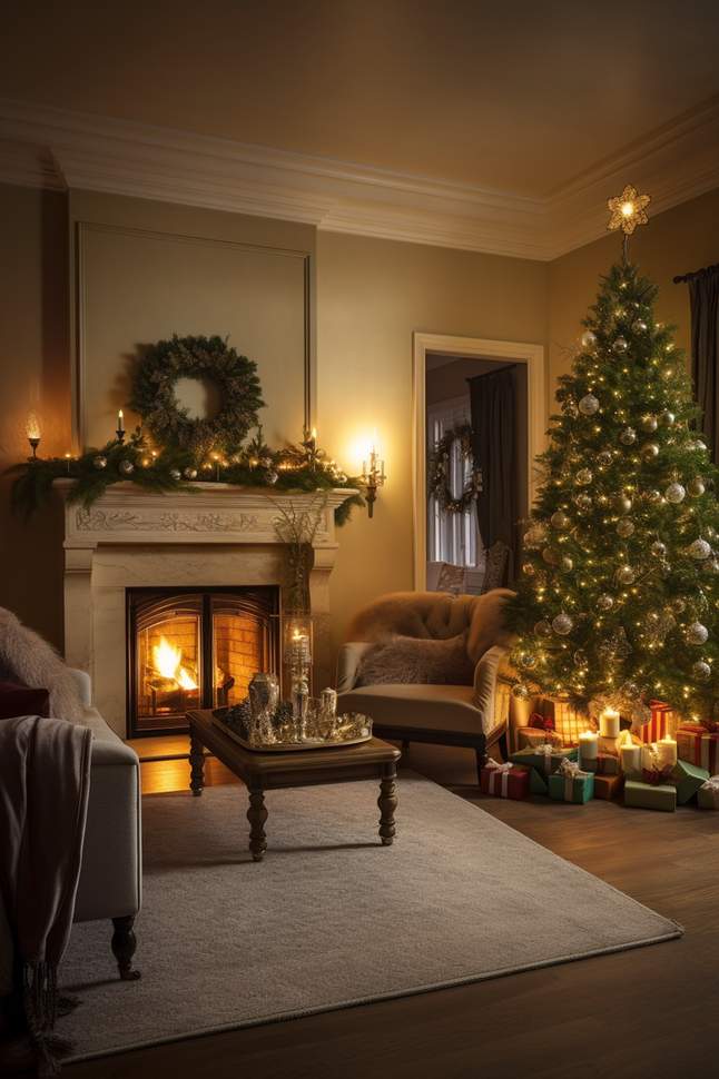 Minimalist living room with white sofa, gold accents, small tree, and clean lines.