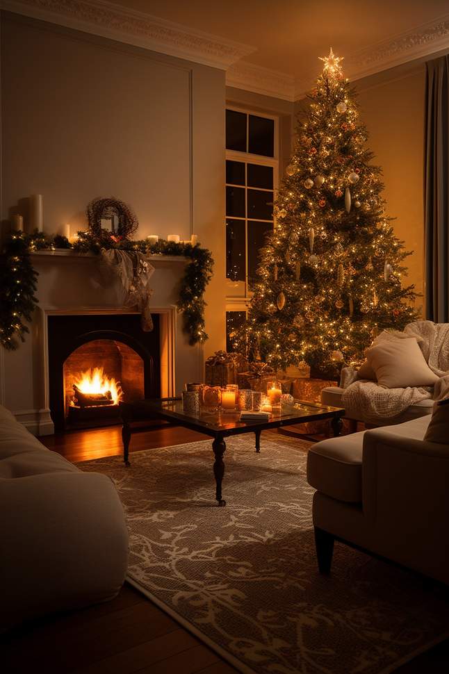Living room with a large arrangement of bare branches in a vase.