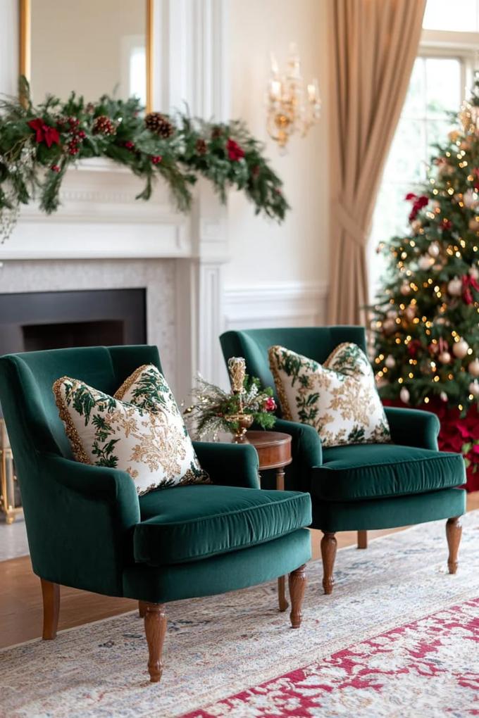 Two emerald green velvet chairs with embroidered details, wooden side table, and warm light.