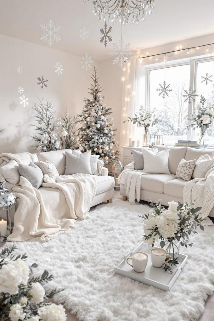 Living room with a white faux fur rug, wooden coffee table, and soft neutral decor.