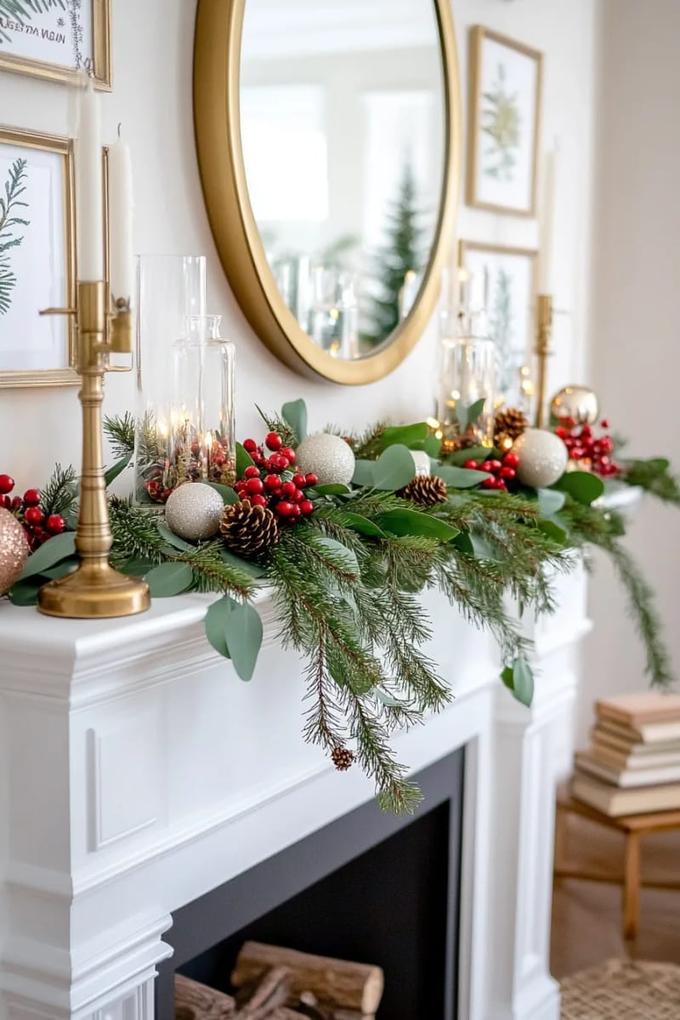 Fireplace mantel decorated with a lush green garland and warm string lights.