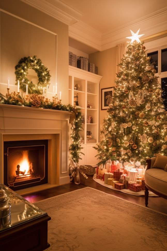 Rustic living room featuring reclaimed wood beams, wool textures, and a warm fireplace glow.