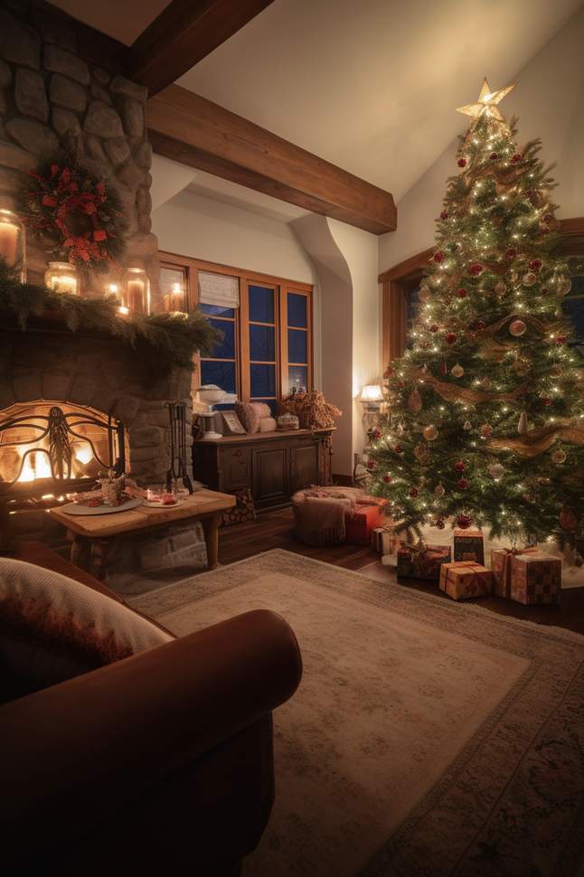 Living room with a large vintage brass mirror, antique furniture, and warm ambient lighting.