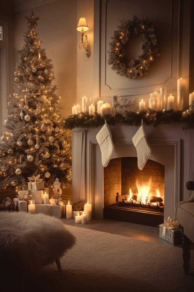 Large wreath on the wall with a wide velvet ribbon bow.