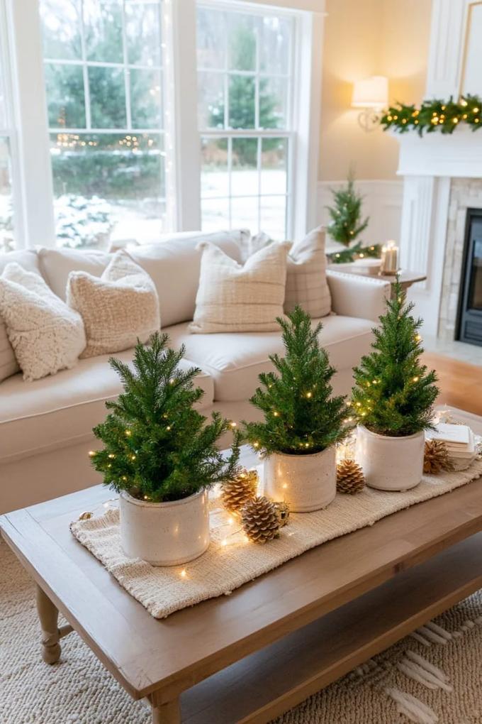 Coffee table with a trio of mini evergreen trees in varying heights.