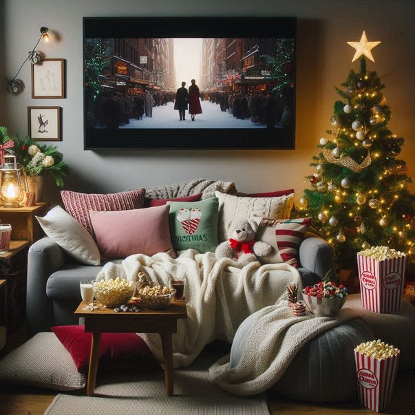 Cozy living room corner with boucle floor cushions, knitted throws, fairy lights, and lantern