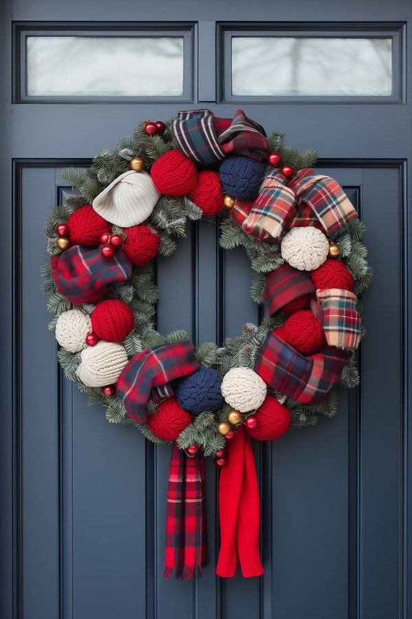 Red tartan plaid flannel scarf wrapped wreath on a white fireplace mantel with brass candleholders