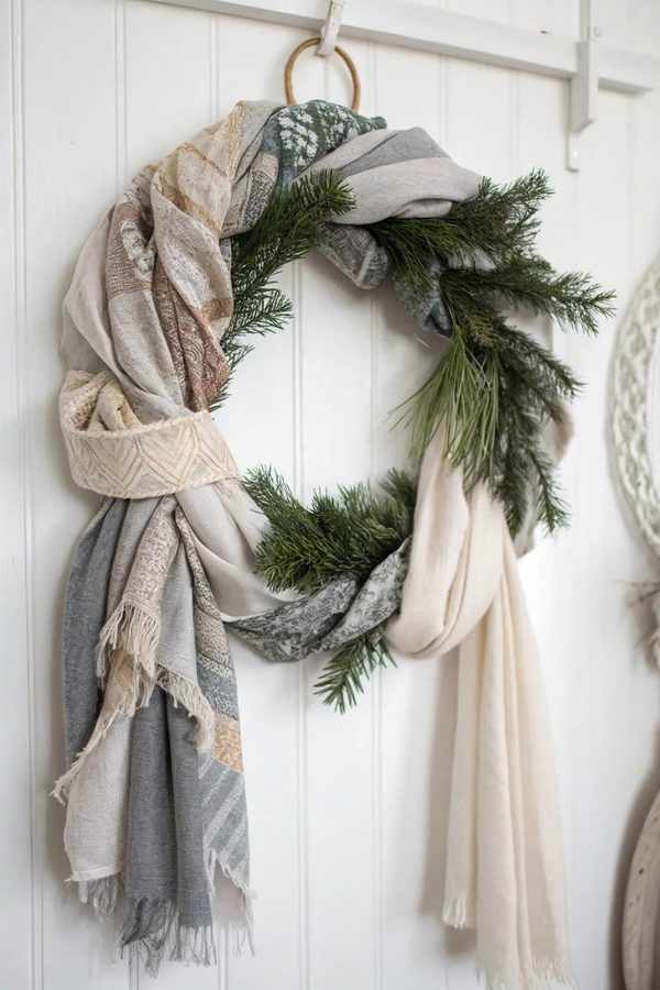 Black and white buffalo check scarf wreath with evergreen sprigs on a black front door