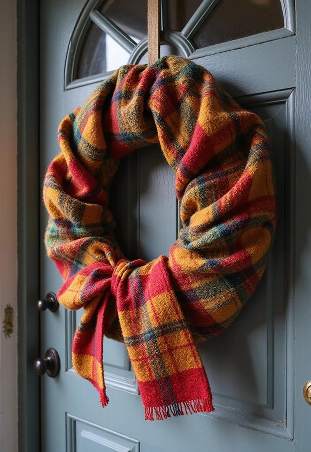 Cream wool scarf wreath hanging on oak wood door near warm brass sconce lighting.