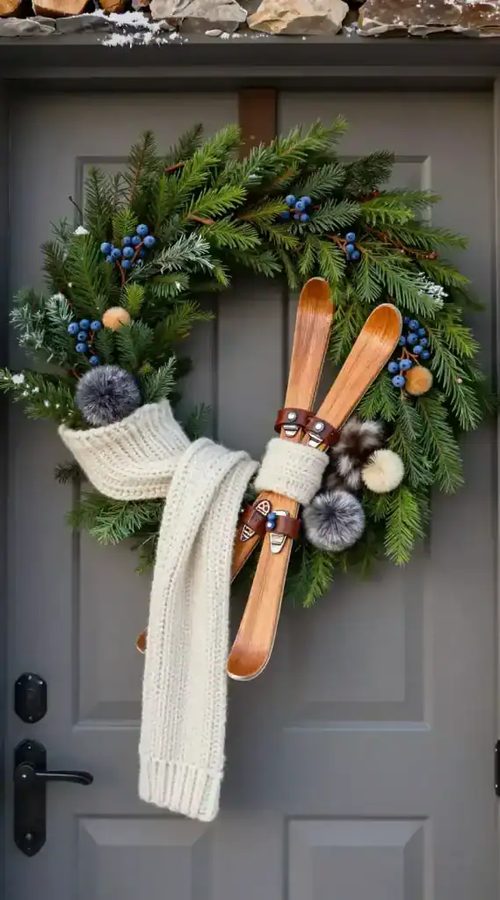 Buffalo check scarf wreath hung on wooden mudroom bench hooks with soft ambient lantern light.