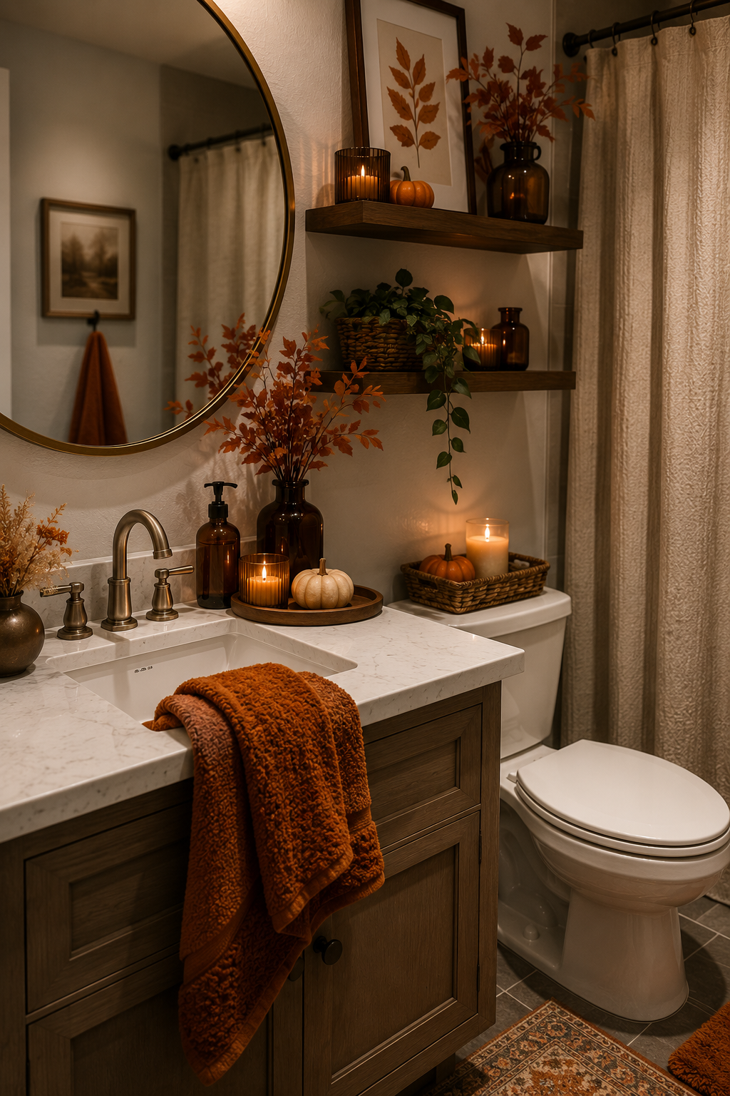 Bathroom decorated with burnt orange towels, pinecone décor, plaid shower curtain, and warm amber lighting.