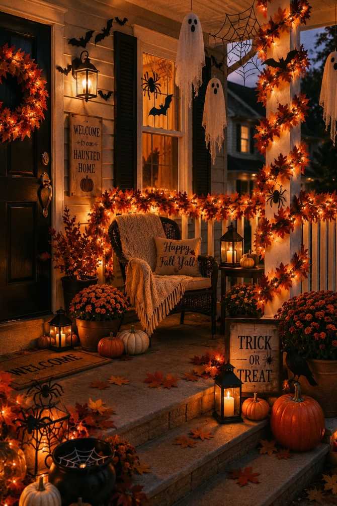 Cozy porch with hanging ghost figures and warm fairy lights on the railing.