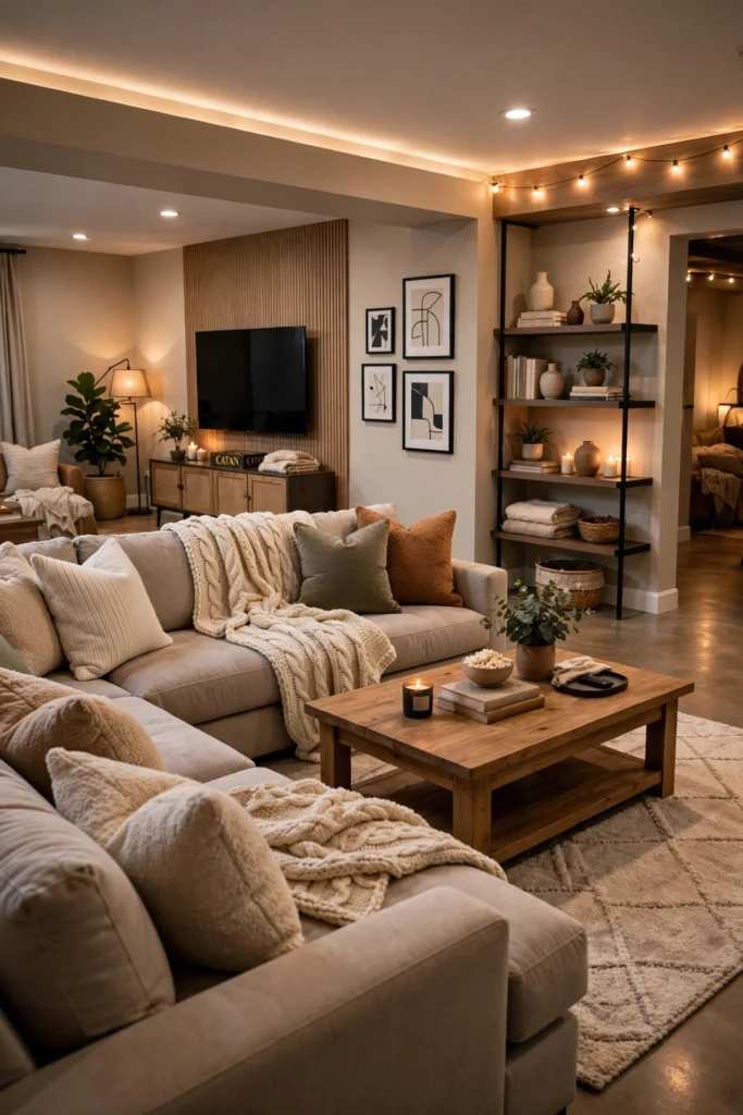 Family basement room with wood slat TV wall and comfortable seating