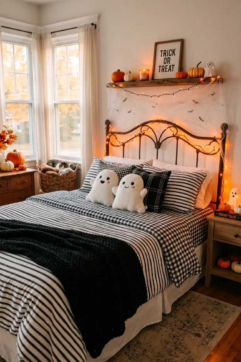 Cozy gingham bedding with white ghost pillows and warm fairy lights.