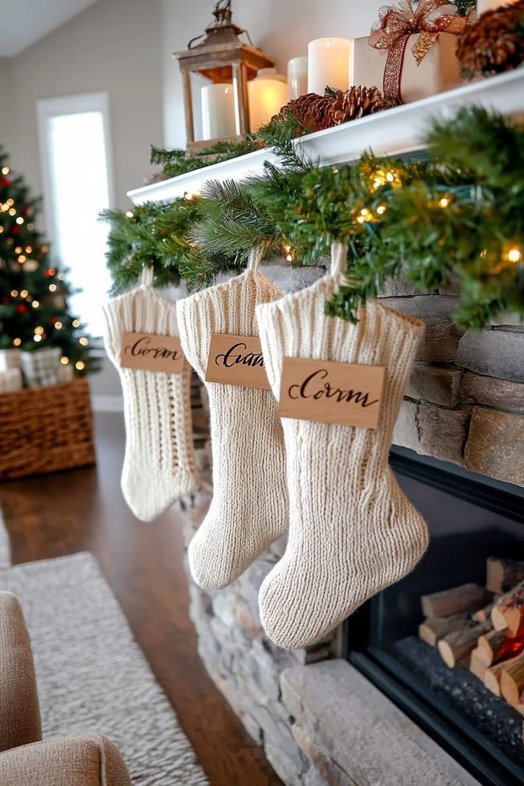 Cozy mantel with chunky knit stockings in neutral tones and a soft throw blanket.