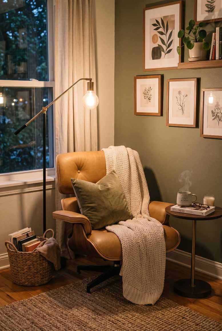 Brown leather armchair with chunky knit throw blanket book lamp beside it