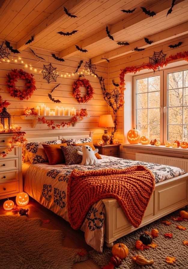 Log cabin bedroom with wooden beams, pumpkins, and cozy halloween decor.