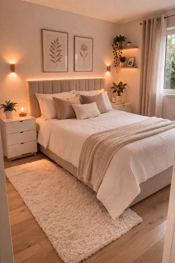 Minimalist bedroom with a backlit headboard and clean floating wall shelves