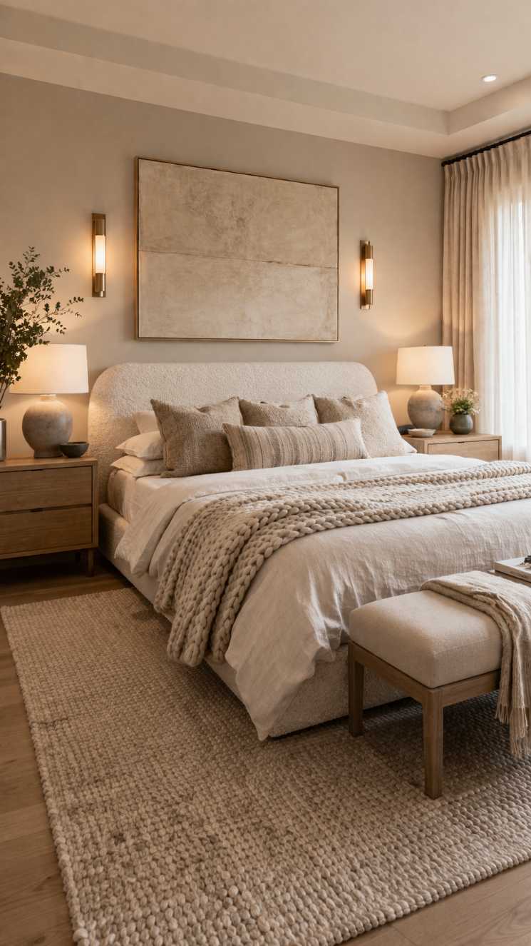Cozy modern bedroom bathed in soft, warm ambient lighting and neutral tones