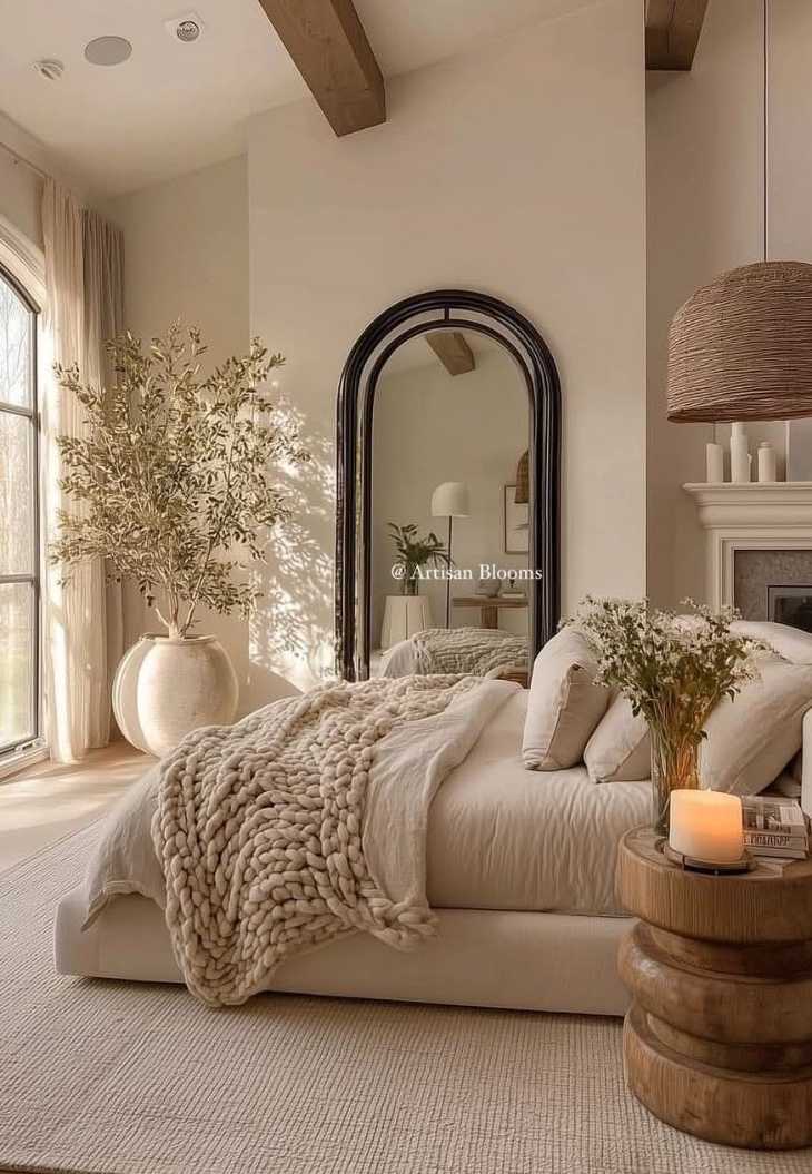 Neutral bedroom with a large arched mirror and a cozy chunky knit throw