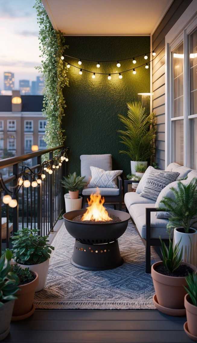 Cozy balcony night lounge with a compact fire pit, low‑profile sofas, and string lighting.