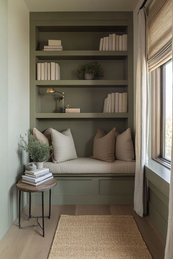 Olive green built-in reading nook with plush cushions in basement