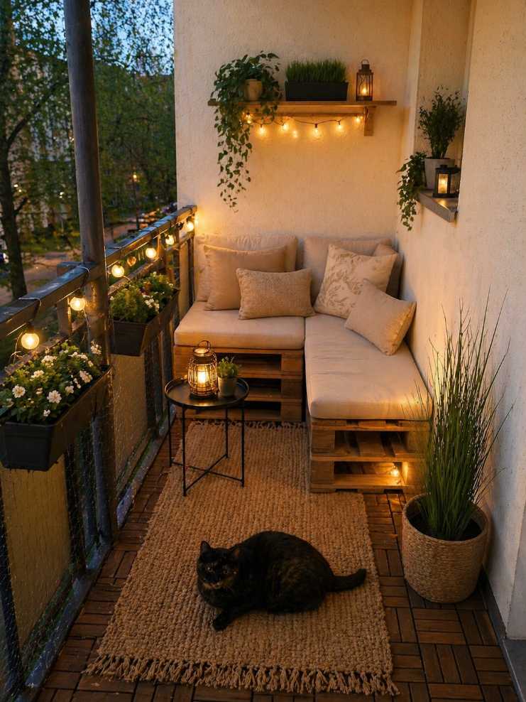 Cozy balcony sectional built from pallets, warm lighting, and a relaxed cat lounging.
