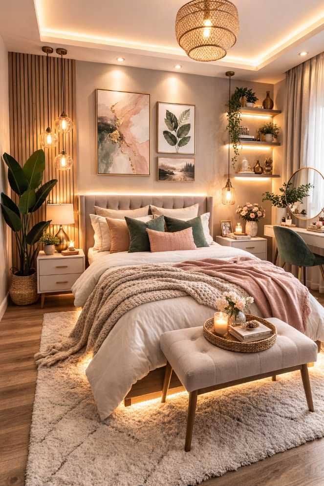 Pink and sage bedroom with illuminated floating shelves and soft bedding