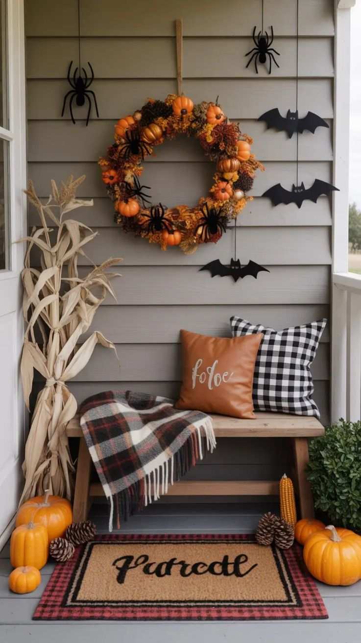 Cozy porch bench with a pumpkin wreath and hanging bat decorations.