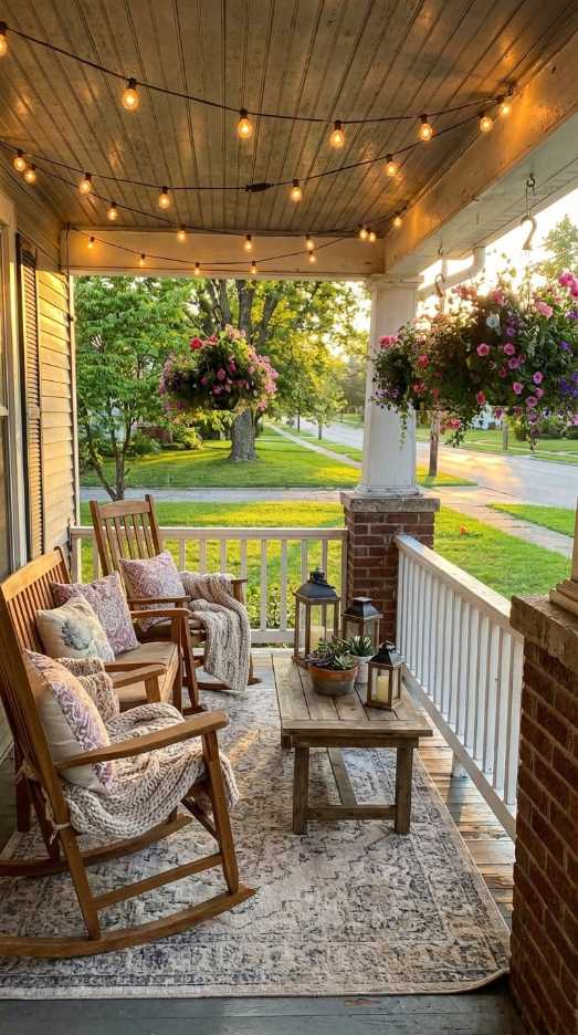 Front porch with upholstered swing bench, lanterns, and plush floor cushions