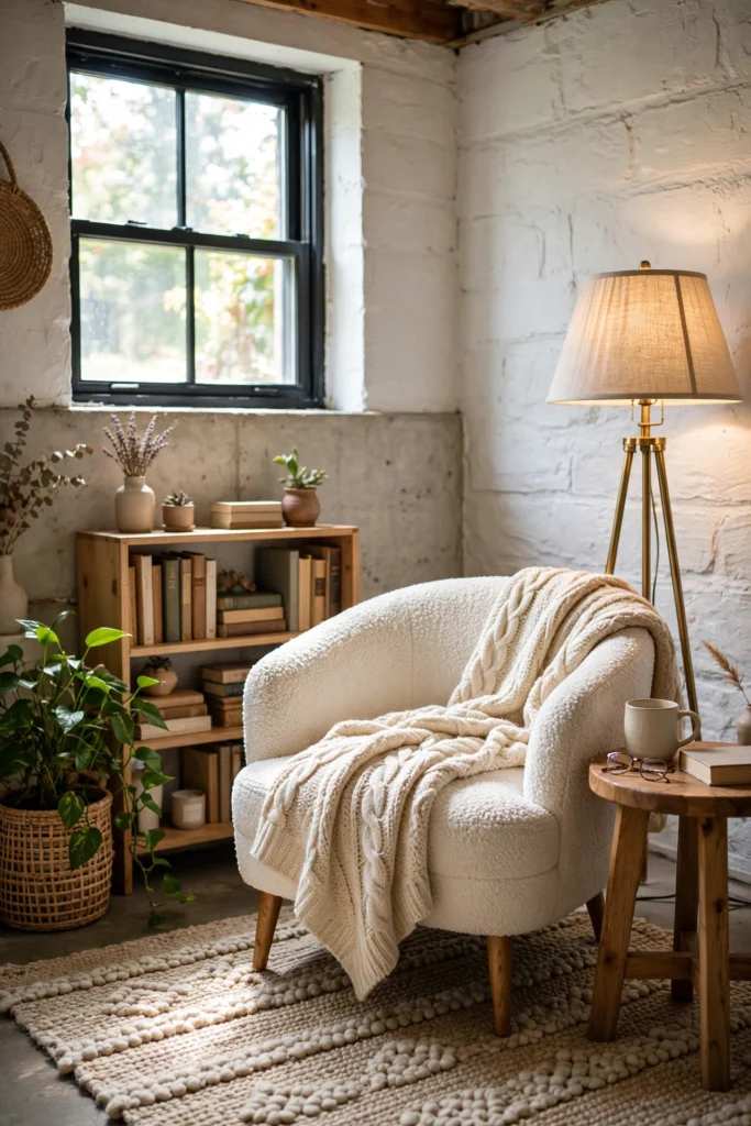 Cozy basement corner with boucle chair and small bookshelf
