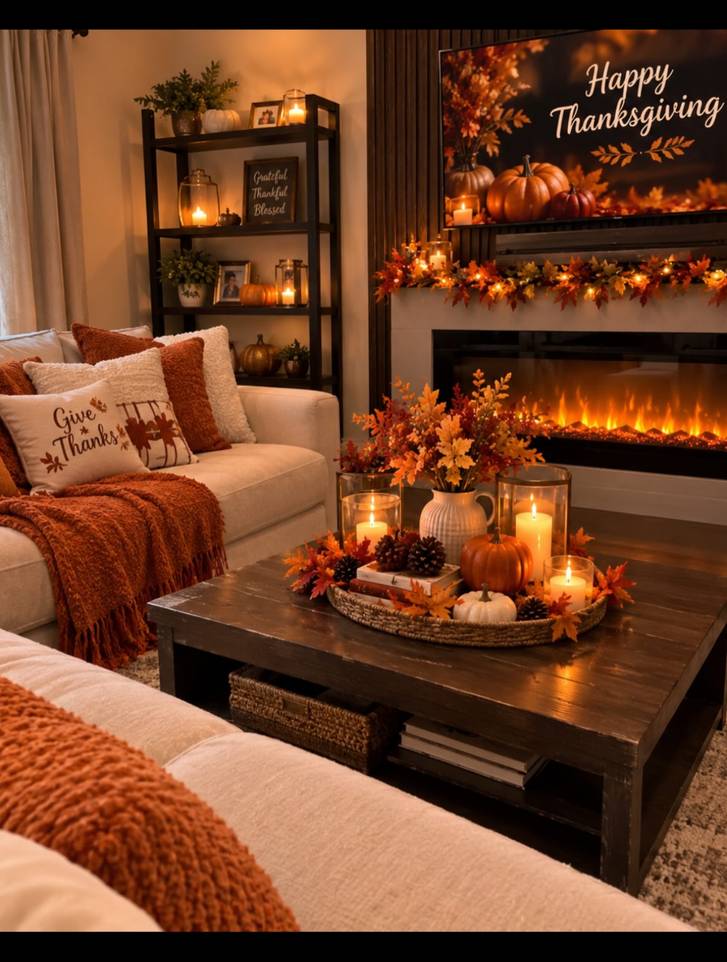 living room with cozy room, coffee table tray, pumpkins, candles, fireplace, soft lighting