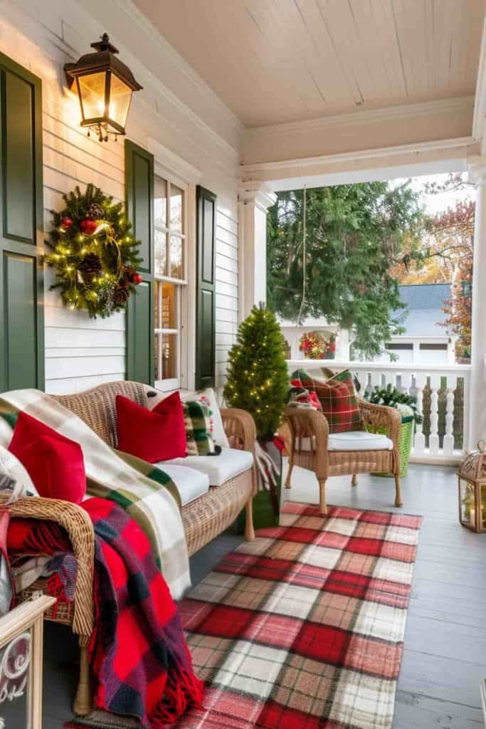 Front porch seating area with plaid blankets, wicker chairs, wooden railing, soft lighting