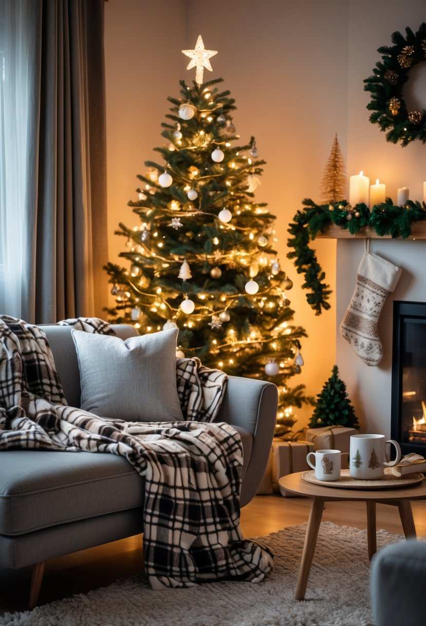 Cozy sofa draped with a red‑black plaid throw, beside a small tabletop fir tree illuminated with warm LED lights.