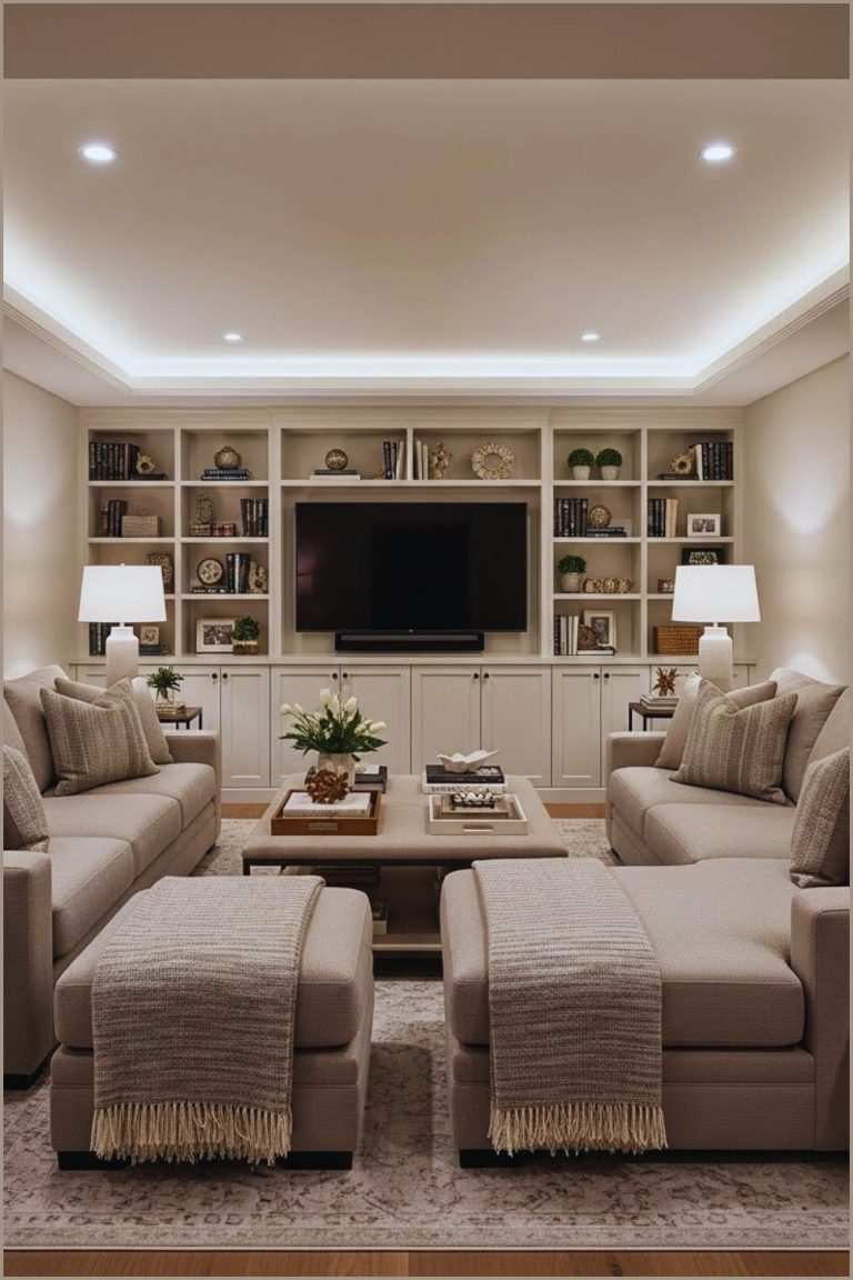 Upscale basement entertainment area with beige sofa and modern TV stand