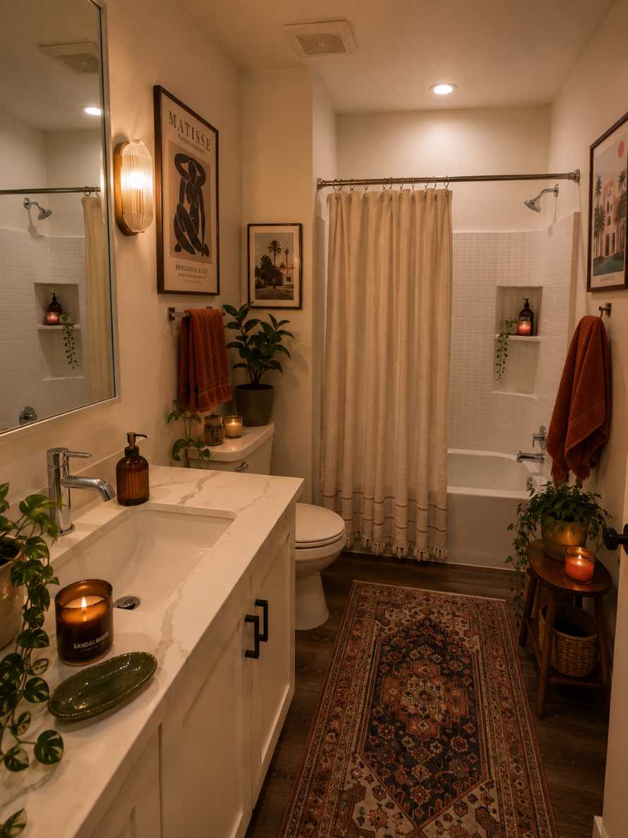Bohemian bathroom featuring a Persian runner rug, antique brass fixtures, distressed wood vanity, and patterned tiles.