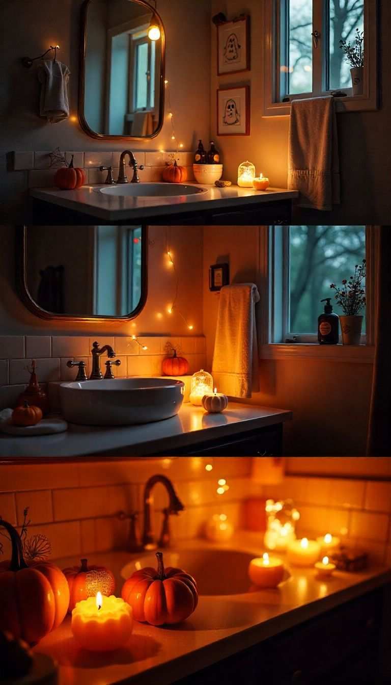 Cozy bathroom vanity, pumpkin décor, warm candlelight, soft ivory tiles, amber glass jars.