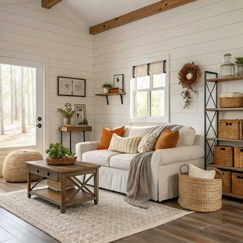 Sitting area featuring white shiplap wall, overstuffed armchair, patterned rug, natural light.